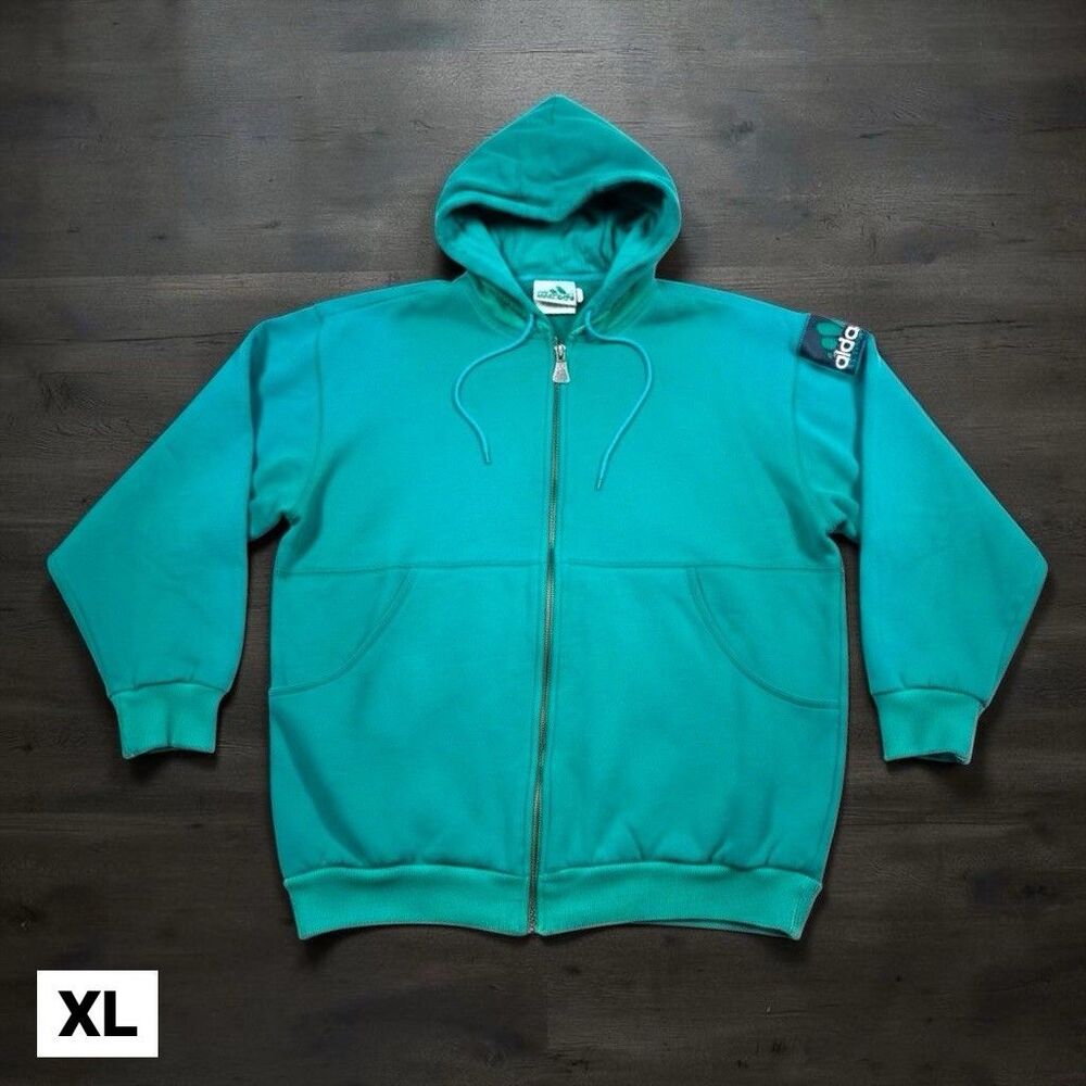 Vintage 90s Adidas Equipment Hoodie Men's‎ XL Teal Green Full Zip Pockets Heavy